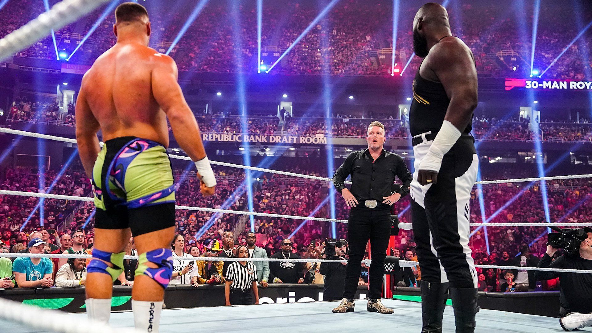 Bron Breakker, Pat McAfee and Omos at the WWE Royal Rumble