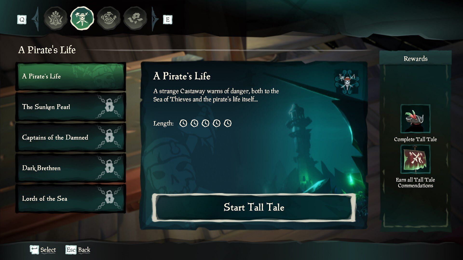 This tab lets players select one of 4 Tall Tales and shows them the rewards available. (Image via Rare)