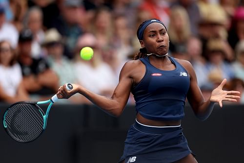 Gauff in her match against Varvara Gracheva at the 2024 Women's ASB Classic in New Zealand - Getty Images