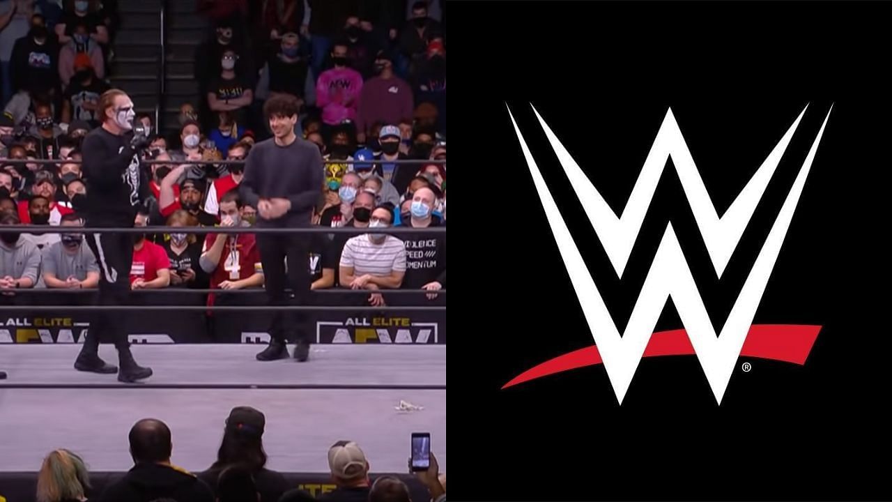 Tony Khan &amp; Sting (left) and WWE logo (right)