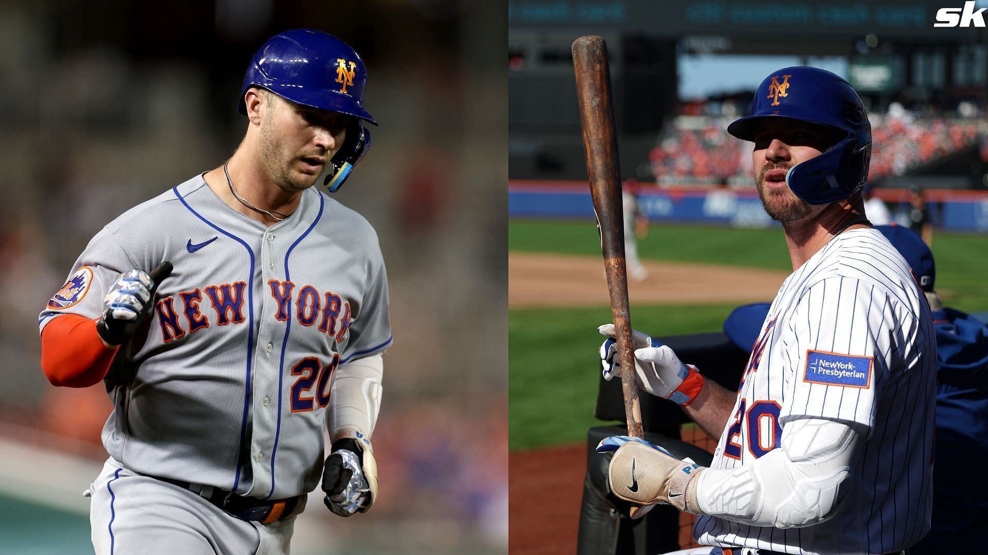 Pete Alonso of the New York Mets looks on from the dugout against the Philadelphia Phillies during their game at Citi Field