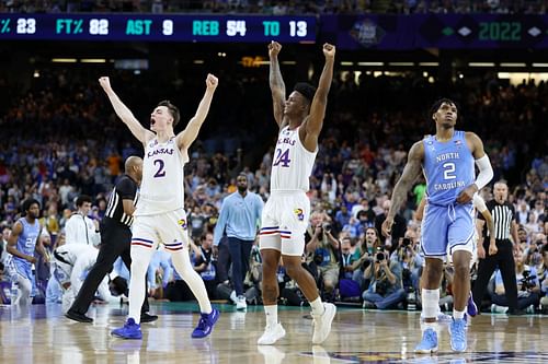 Kansas celebrates after rallying from 15 down at halftime to win the NCAA title.