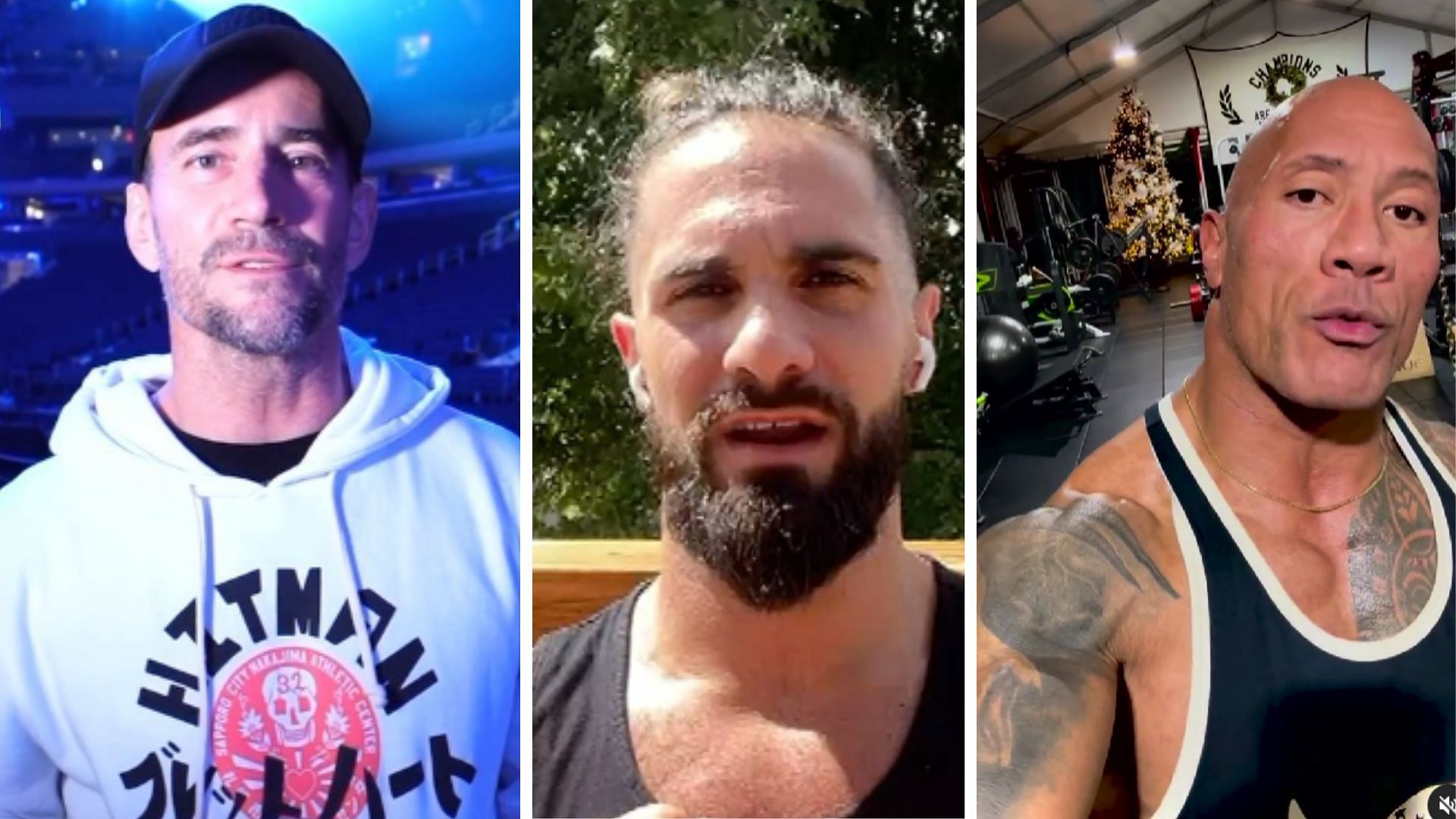 CM Punk on the left, Seth Rollins in the middle, The Rock on the right