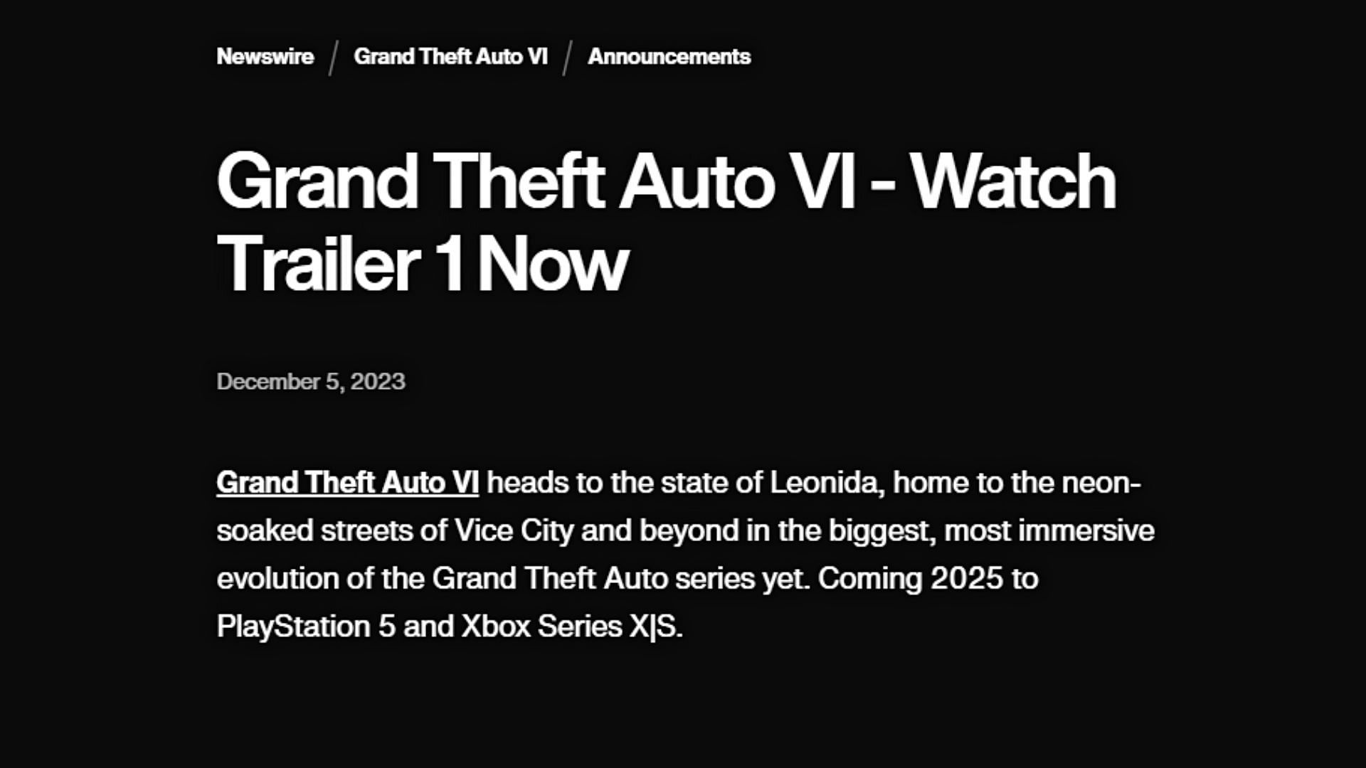 Rockstar&#039;s description of GTA 6 (Image via Rockstar Games Newswire)