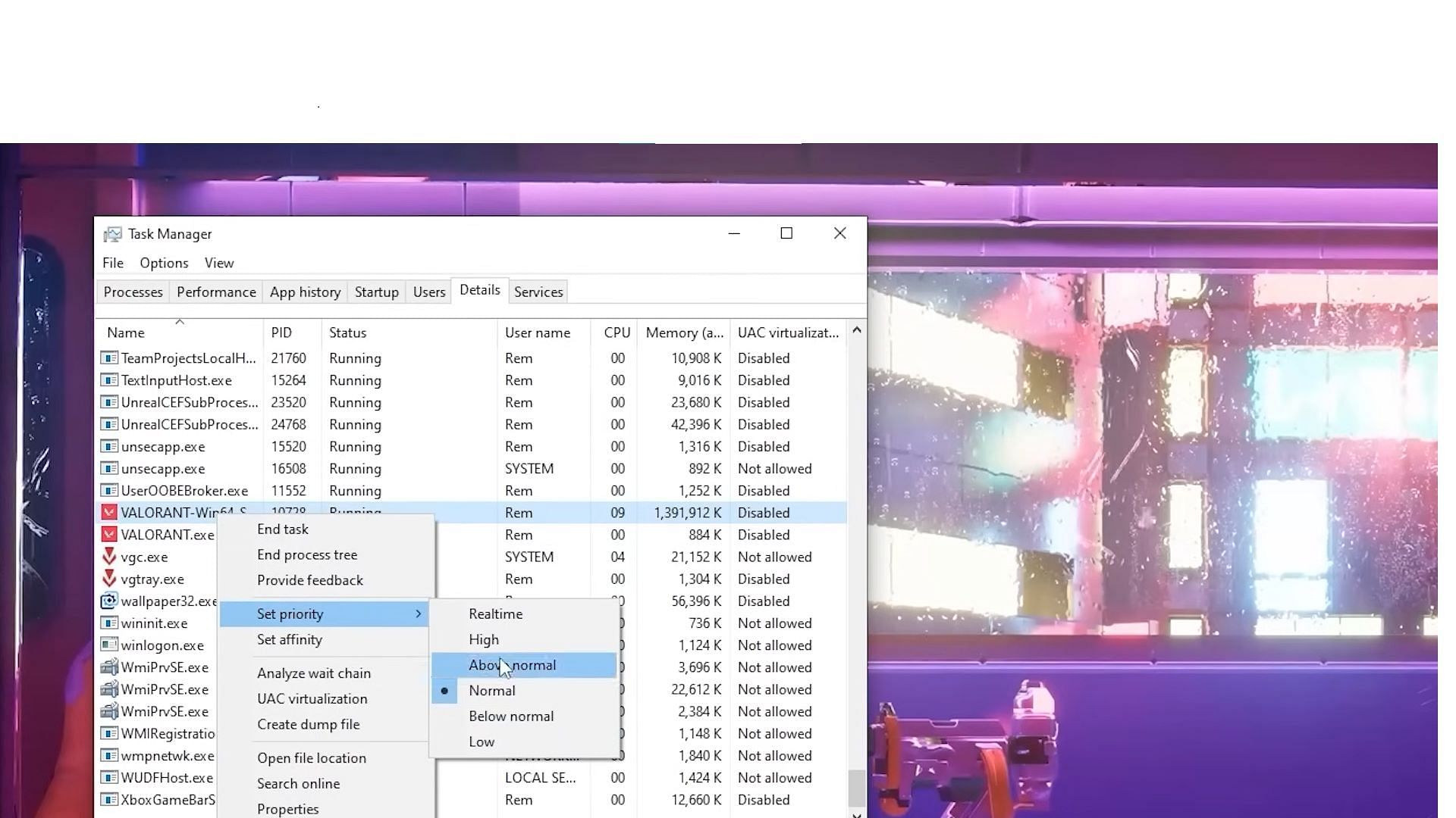 Set the application&#039;s priority to High (Image via YouTube/Rem)