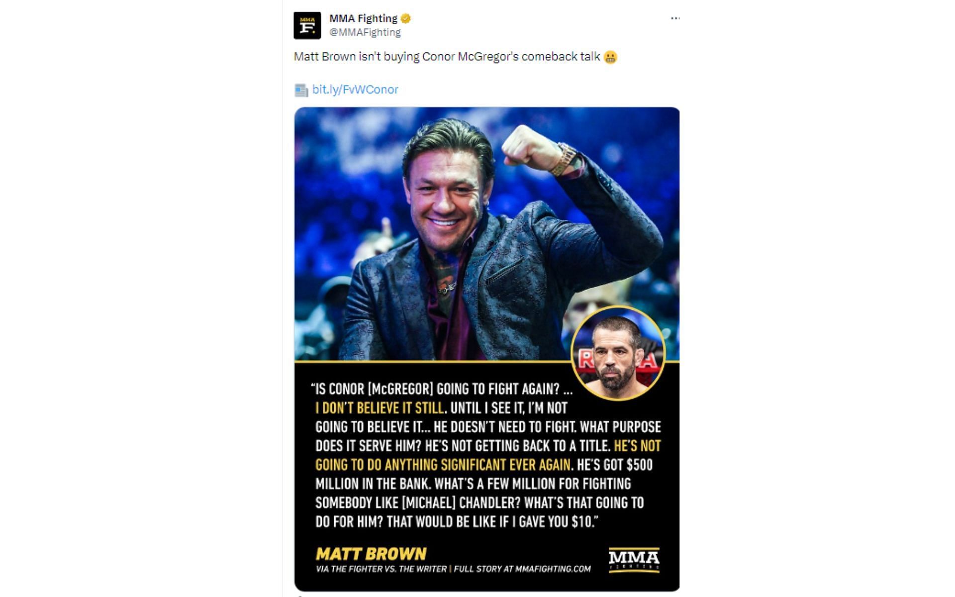 Tweet regarding Matt Brown&#039;s comments on McGregor&#039;s return [Image courtesy: @MMAFighting - X]