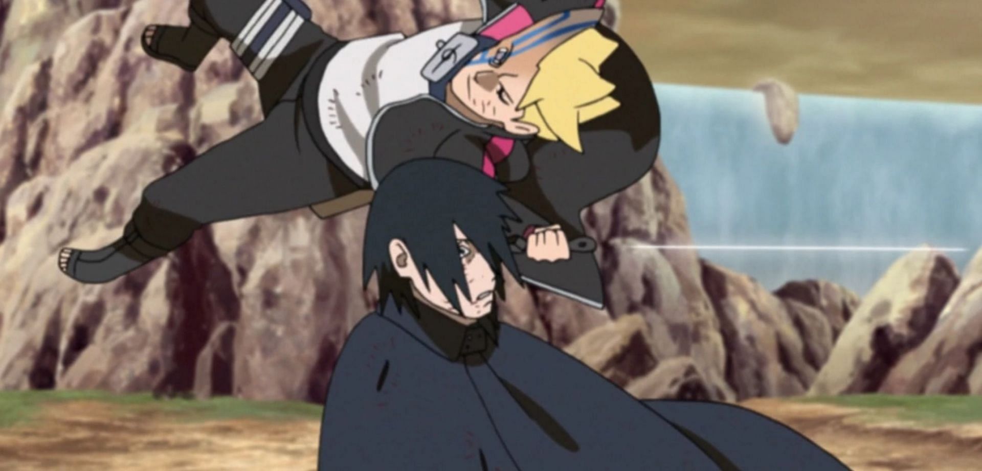 Momoshiki stabbing Sasuke&#039;s Rinnegan eye in the anime (Image via Studio Pierrot)