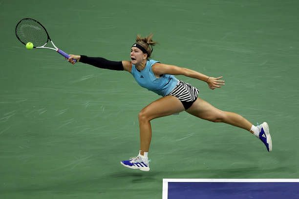 Karolina Muchova of the Czech Republic returns a shot during her Women&#039;s Singles Semifinal match against Coco Gauff of the United States on Day...