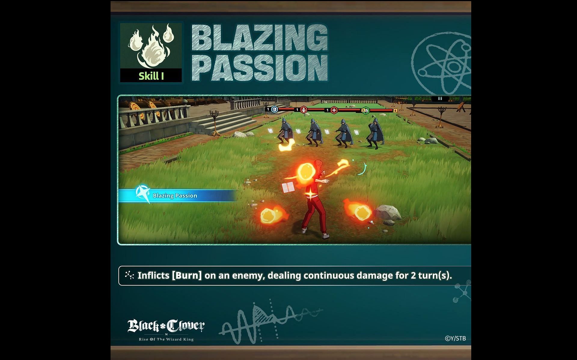 The first skill inflicts burn damage (Image via Vic Game Studios)