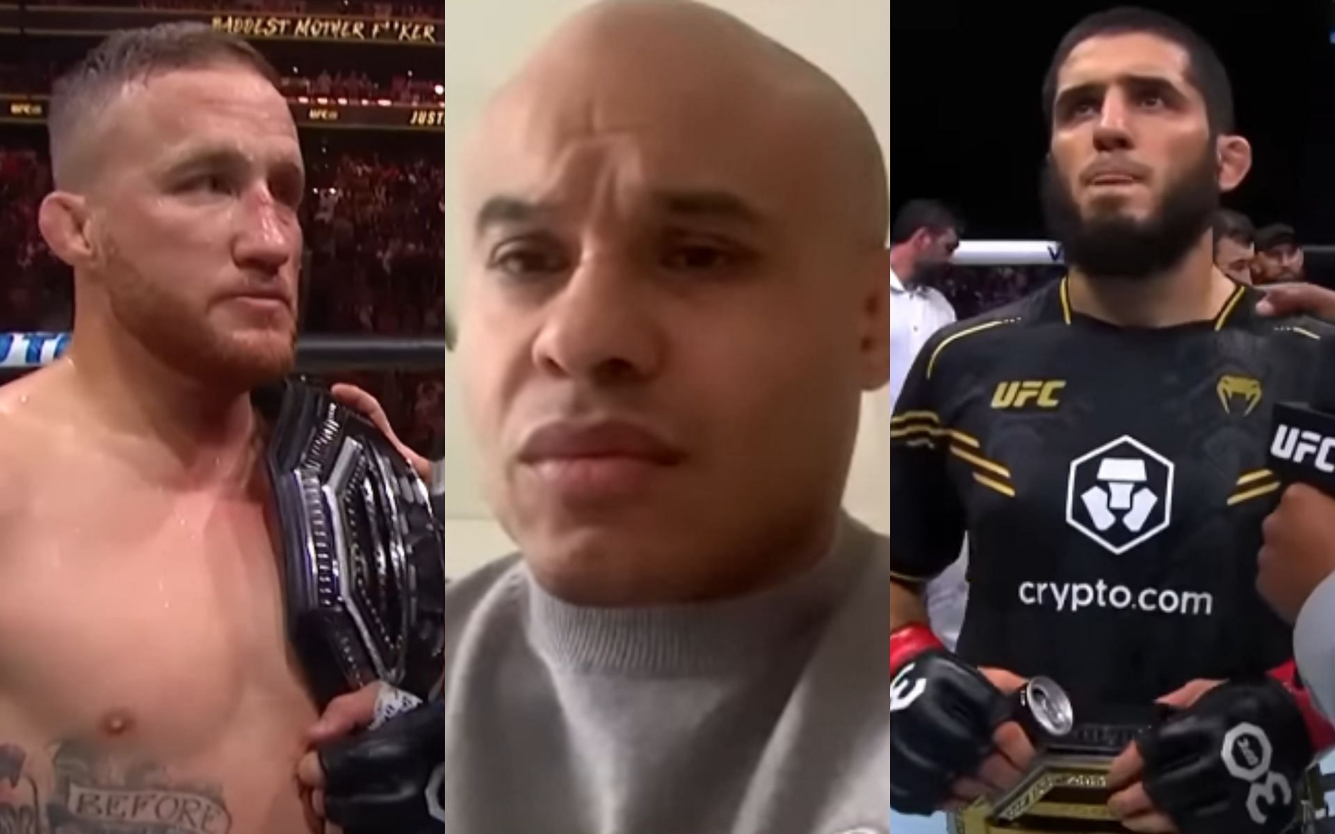 Ali Abdelaziz [Middle] says the UFC should award Justin Gaethje [Left] a title shot against Islam Makhachev [Right] [Image courtesy: ESPN MMA and UFC - YouTube]