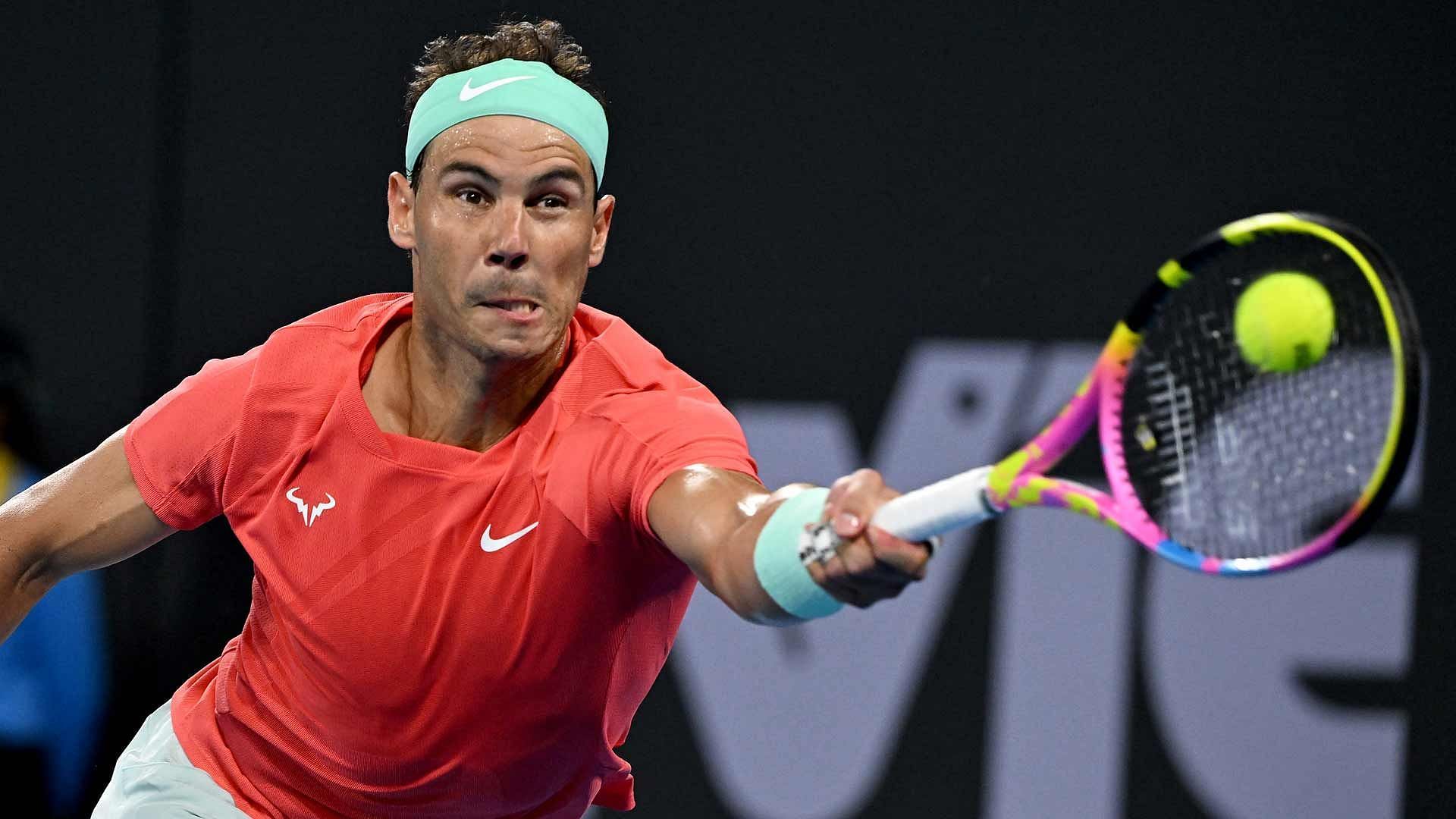 Rafael Nadal hits a forehand at the 2024 Brisbane International.
