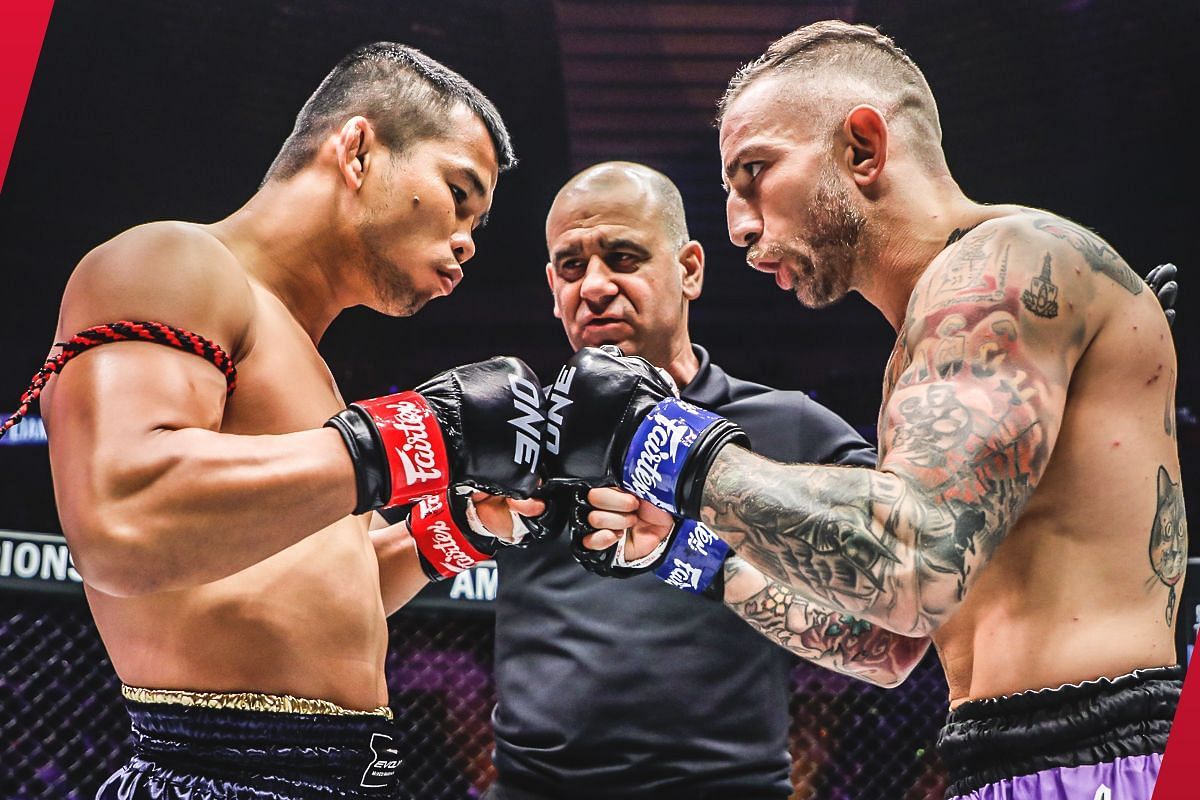 Liam Harrison (R) injured his knee in August 2022 against Nong-O Hama (L) and has yet to compete again since. -- Photo by ONE Championship
