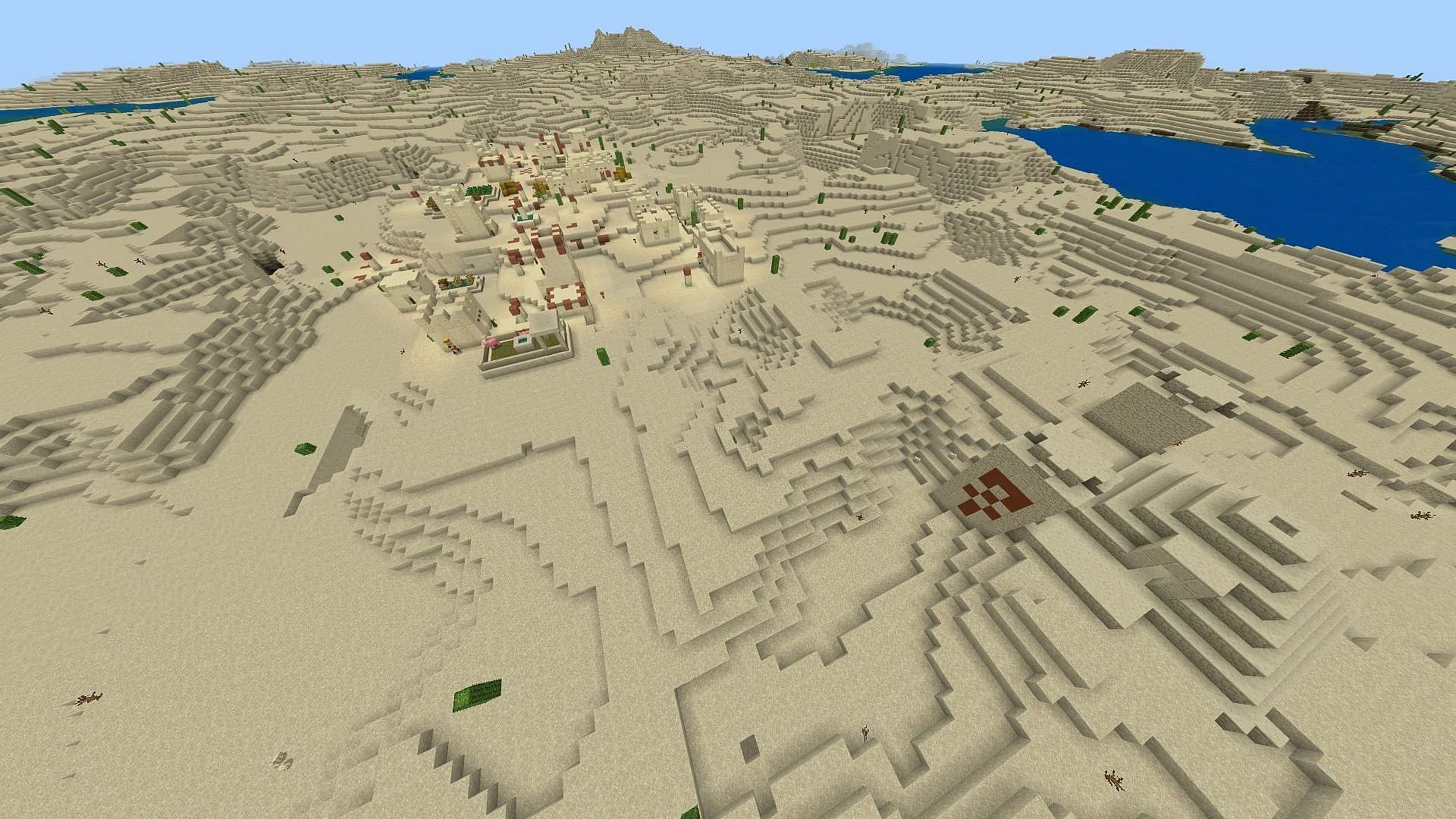 Structures abound in the spawn desert biome of this Minecraft Bedrock seed (Image via Mojang)