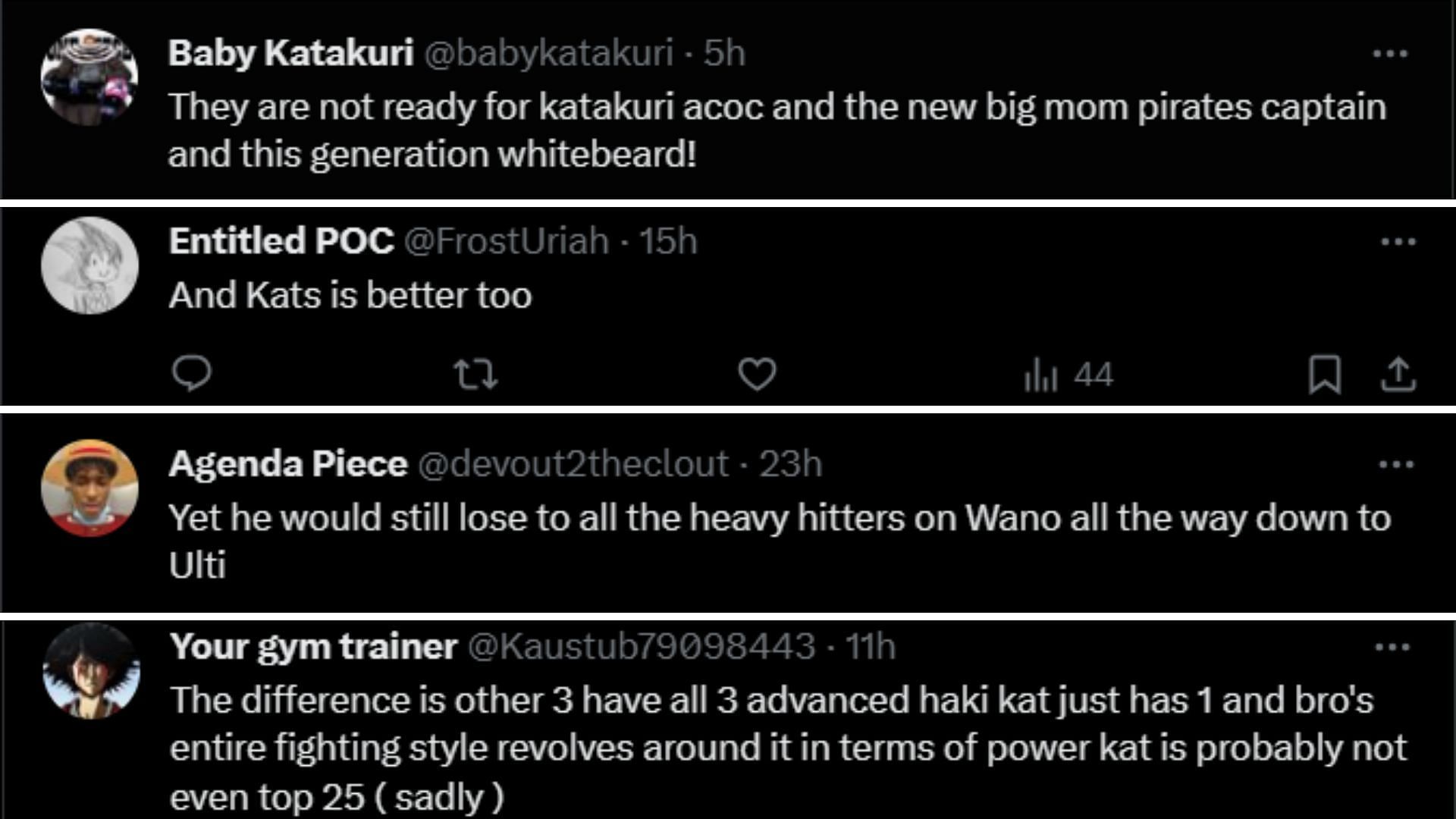 Various fan reactions to the comment made on Katakuri (Image via X)