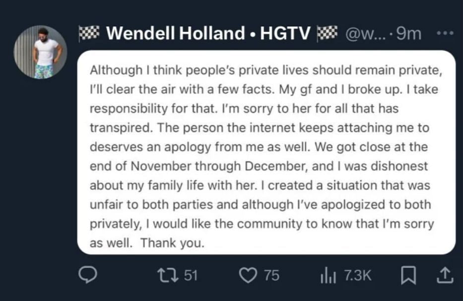 Wendell Holland&#039;s now deleted post. (Image via Twitter)