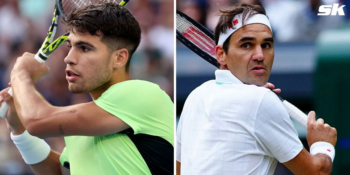 Carlos Alcaraz (L) and Roger Federer