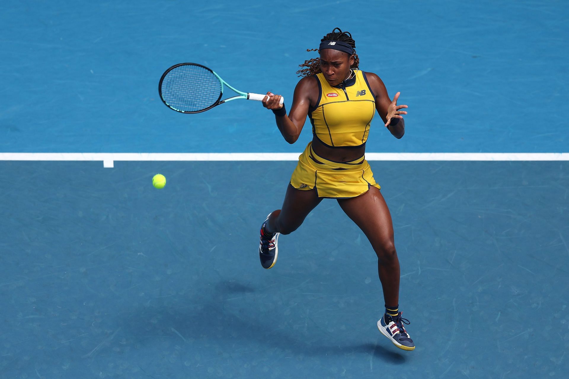 Coco Gauff plays a forehand at the 2024 Australian Open