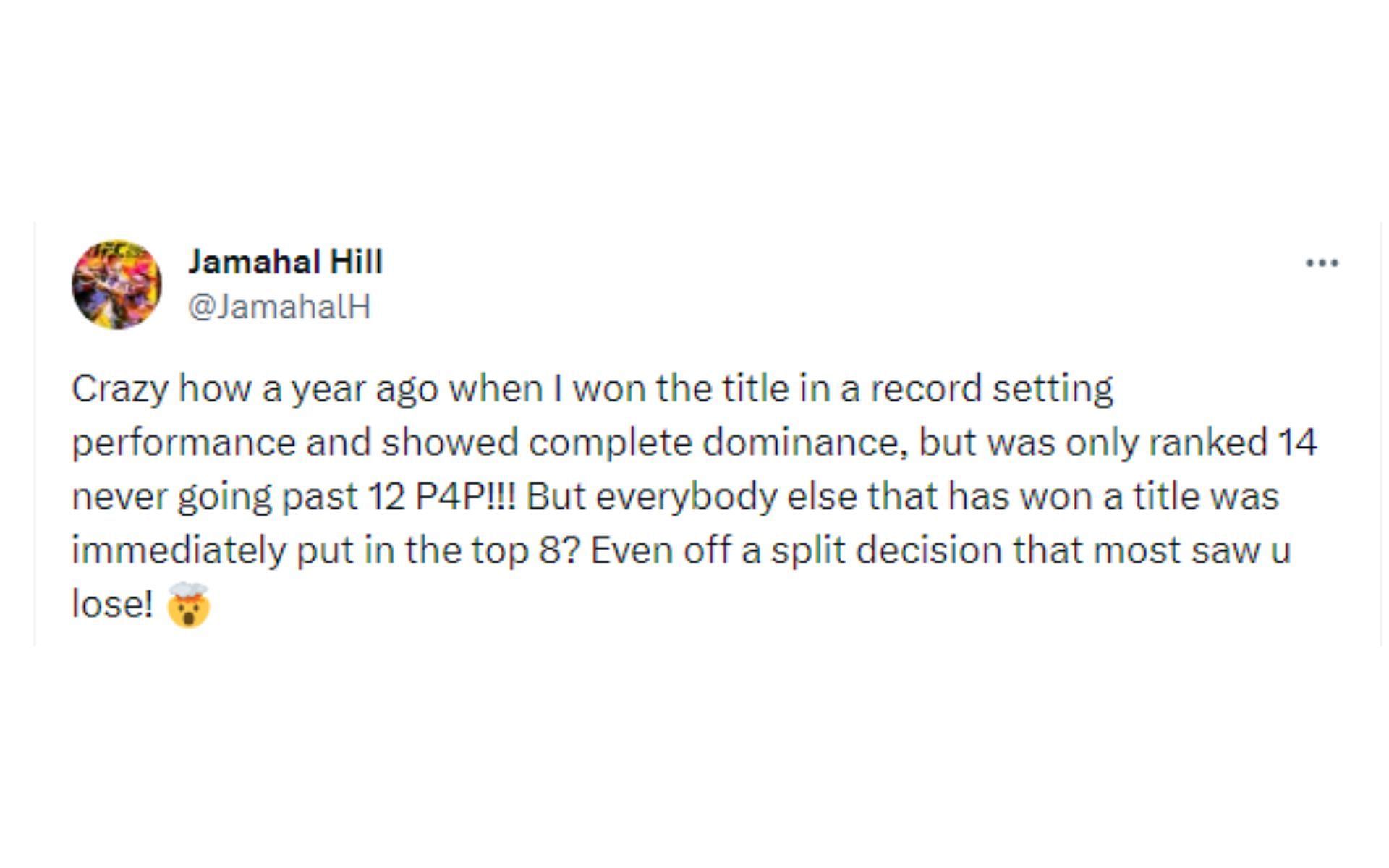 Jamahal Hill&#039;s tweet regarding UFC&#039;s pound-for-pound rankings [Image courtesy: @JamahalH - X]