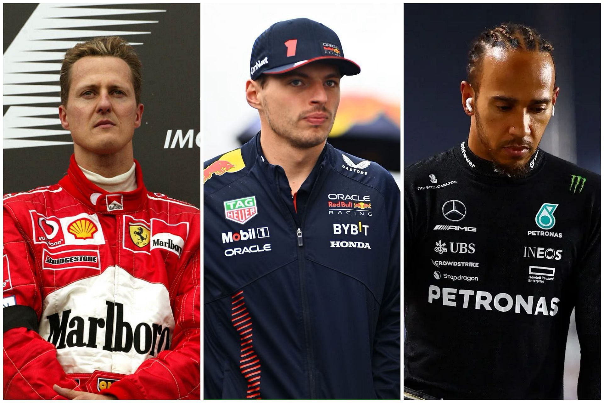 Michael Schumacher (L), Max Verstappen (C), and Lewis Hamilton (R) (Collage via Sportskeeda)
