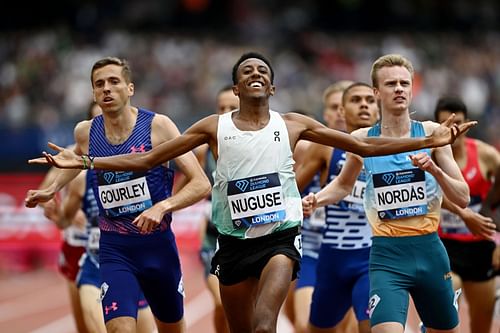 Yared Nuguse after winning the Men's 1500 Metres at the 2023 Diamond League series in London, England. (Photo by Mike Hewitt/Getty Images)