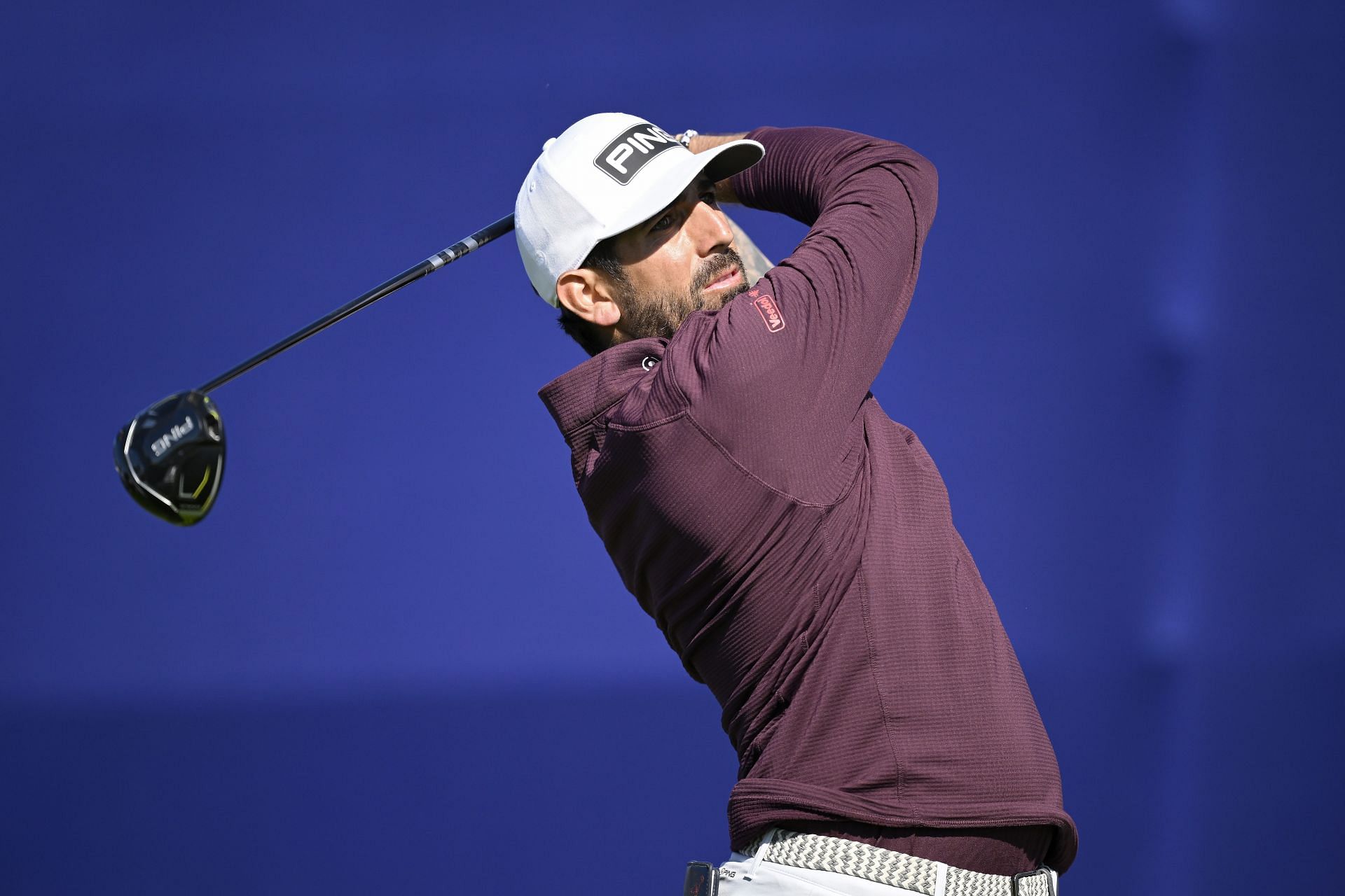 Matthieu Pavon plays his shot from the seventh tee during the third round of the Farmers Insurance Open
