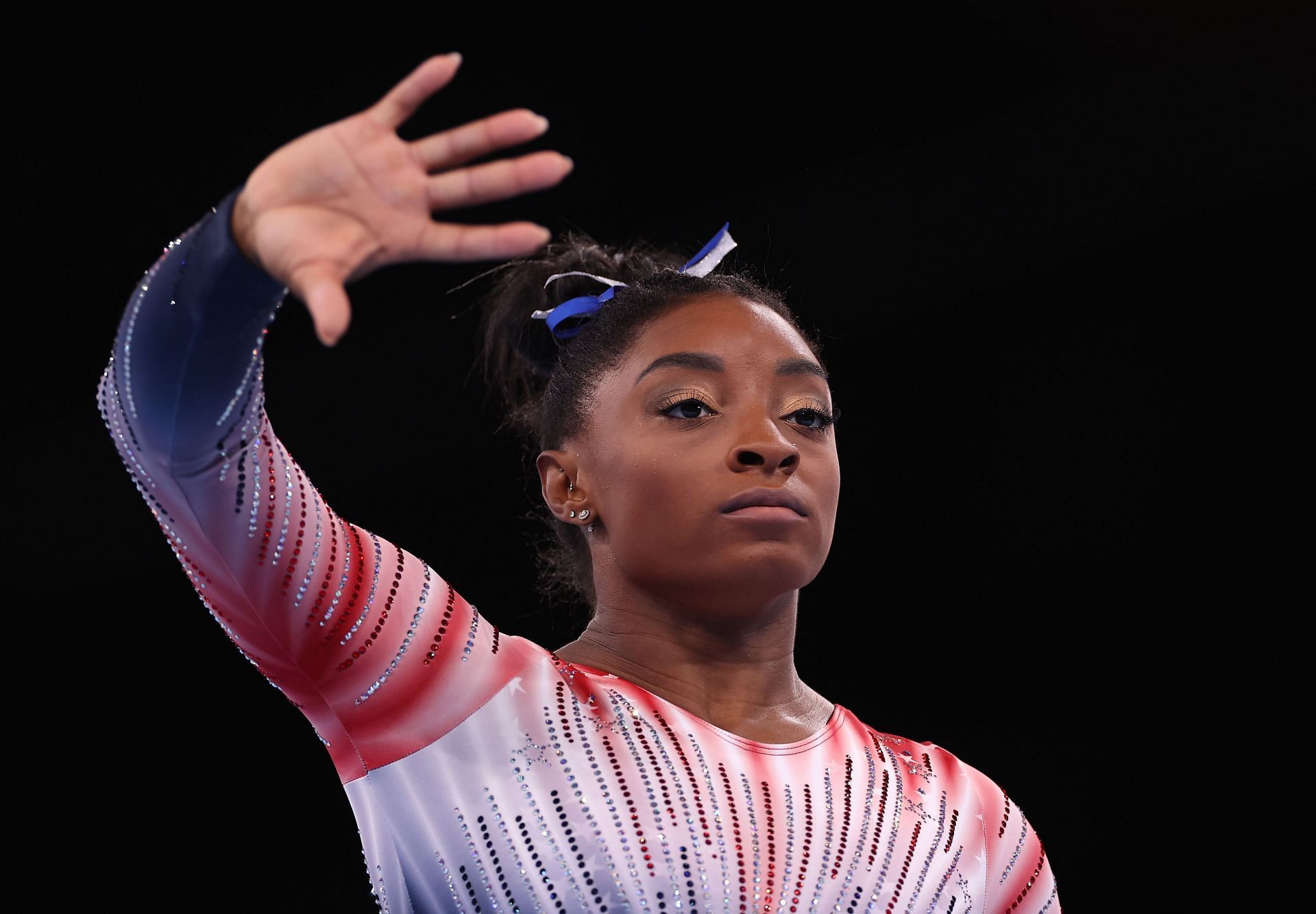 Simone Biles in action during the Women's Balance Beam Final at the 2020 Olympic Games in Tokyo, Japan.