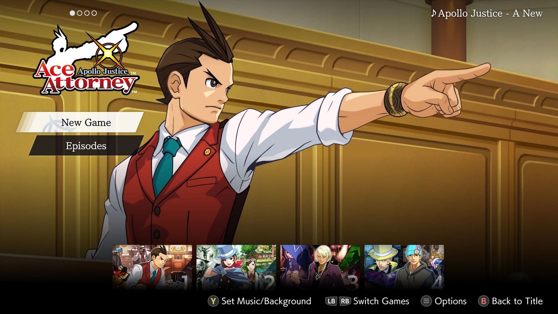 Each game has its own title screen, save slots, and more (Screenshot from Apollo Justice Ace Attorney Trilogy)