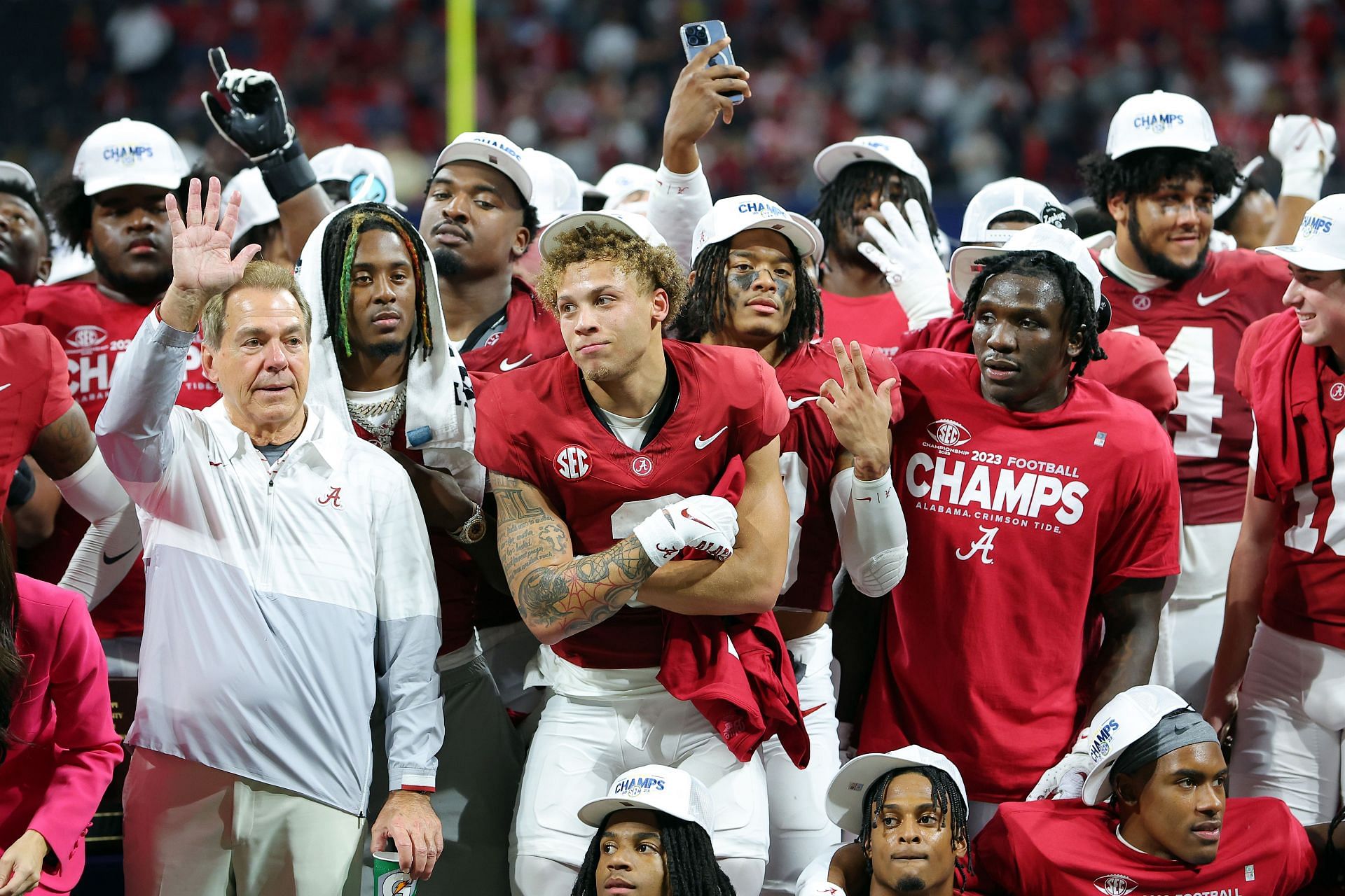 ATLANTA, GEORGIA - DECEMBER 02: Head coach Nick Saban, Jermaine Burton #3 and the Alabama Crimson Tide celebrate after defeating the Georgia Bulldogs 27-24 in the SEC Championship at Mercedes-Benz Stadium on December 02, 2023 in Atlanta, Georgia. (Photo by Kevin C. Cox/Getty Images)