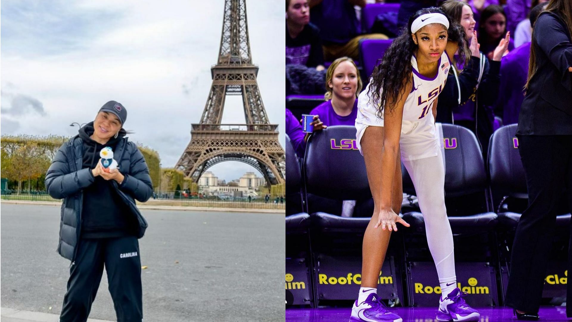 South Carolina HC Dawn Staley and LSU player, Angel Reese