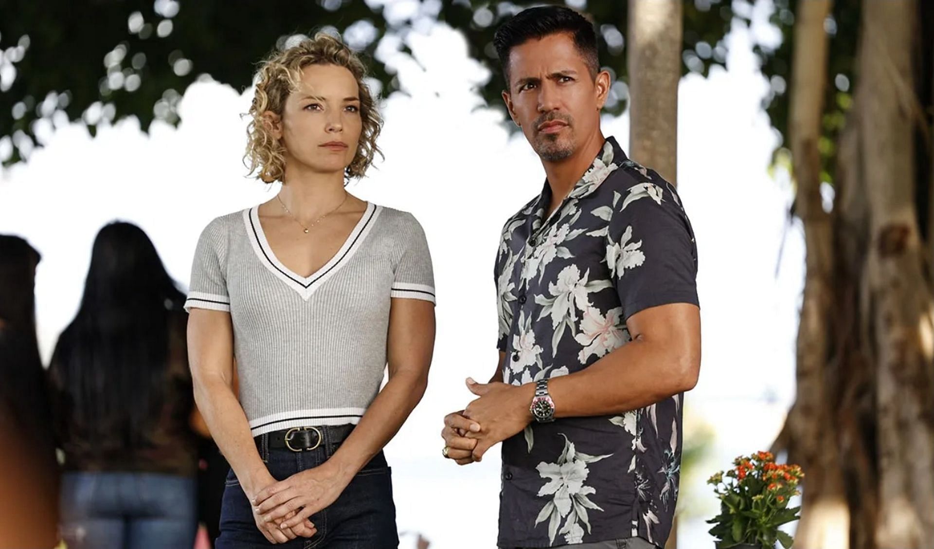 Jay Hernandez and Perdita Weeks in a scene from Magnum P.I. (Image via Peacock)