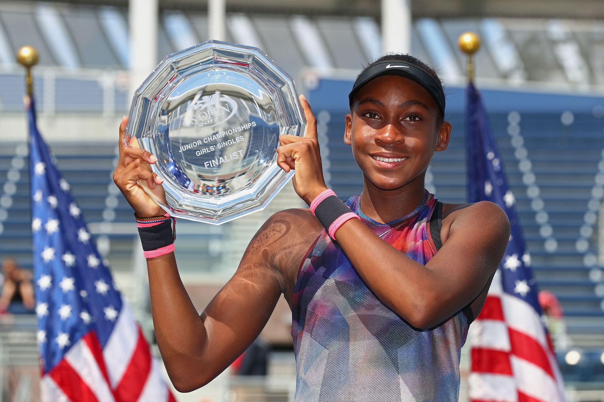 Coco Gauff with her runners-up trophy at the 2017 junior US Open Tennis Championships