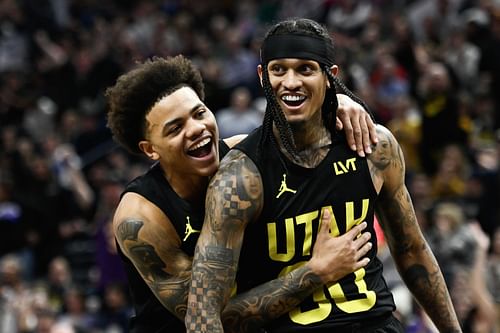 Keyonte George celebrates Jordan Clarkson's triple-double against the Dallas Mavericks.