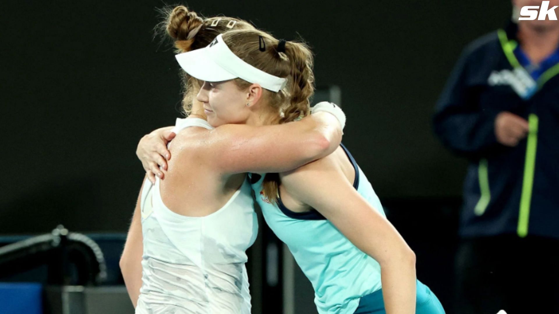 Elena Rybakina and Anna Blinkova embrace after their second-round epic at the 2024 Australian Open