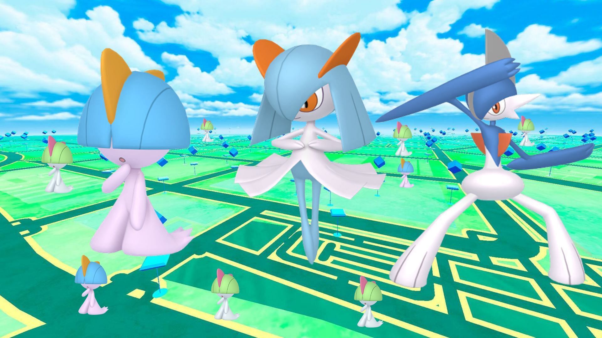 Shiny Ralts evolving into Shiny Gallade (Image via The Pokemon Company)