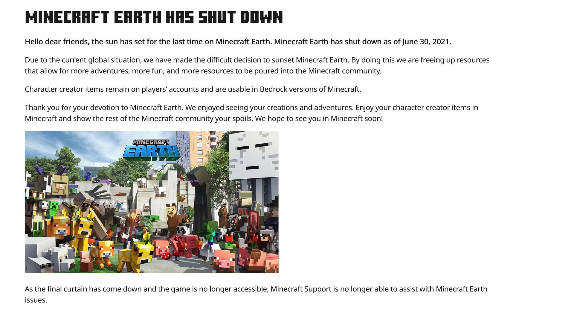 Mojang a officiellement annoncé la fermeture de Minecraft Earth (Image via Mojang Studios)