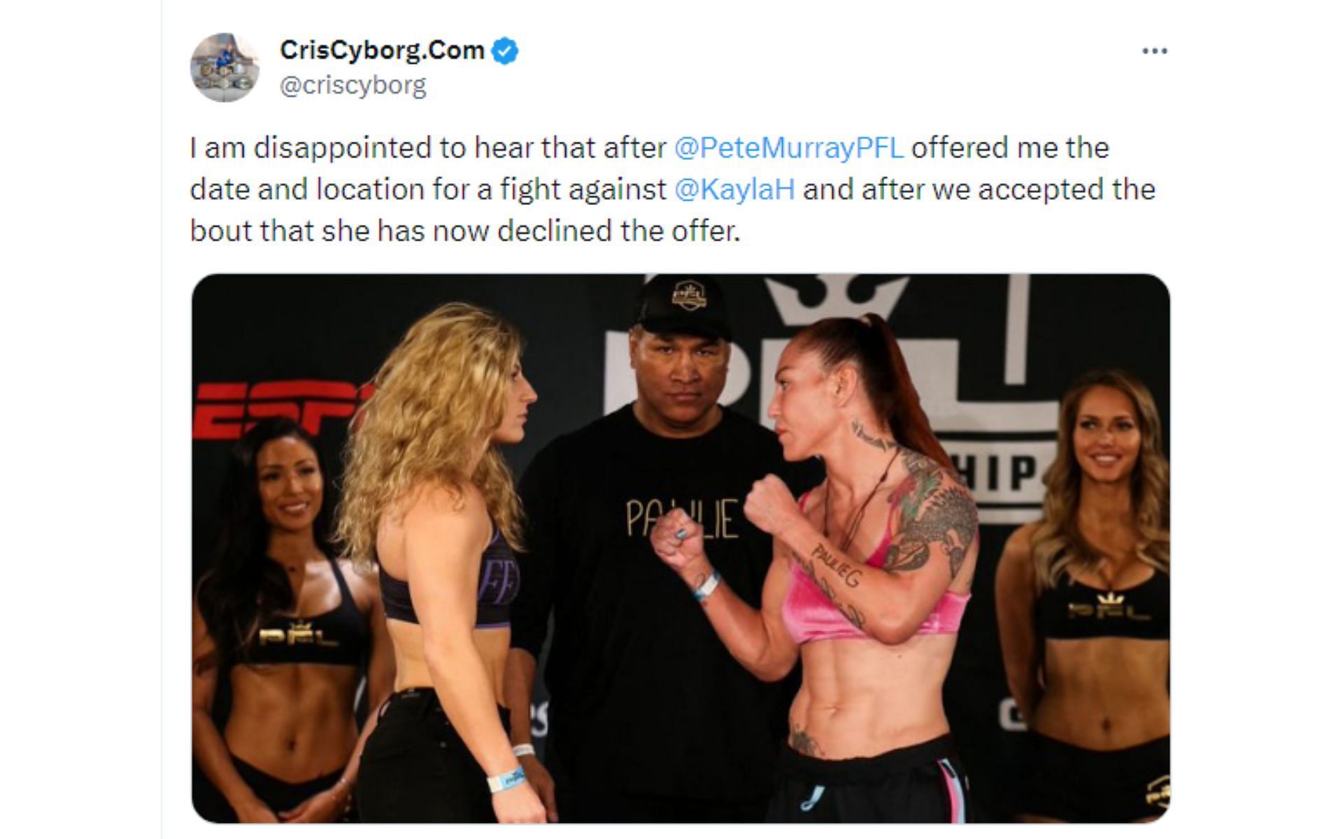 Cyborg's tweet regarding the bout against Harrison [Image courtesy: @criscyborg - X]