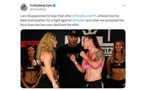 Cyborg's tweet regarding the bout against Harrison [Image courtesy: @criscyborg - X]