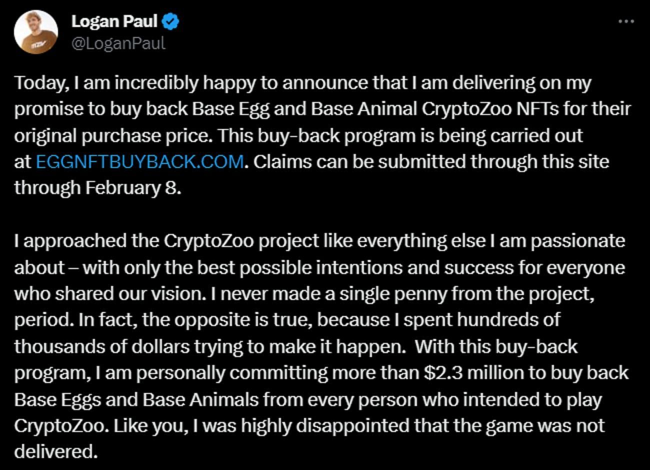 Logan reveals the launch of his buyback program (Image via X/LoganPaul)