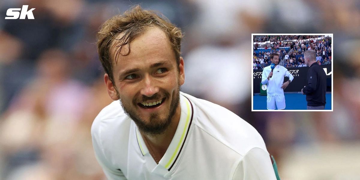 Daniil Medvedev during his on-court interview at the Australian Open (inset)