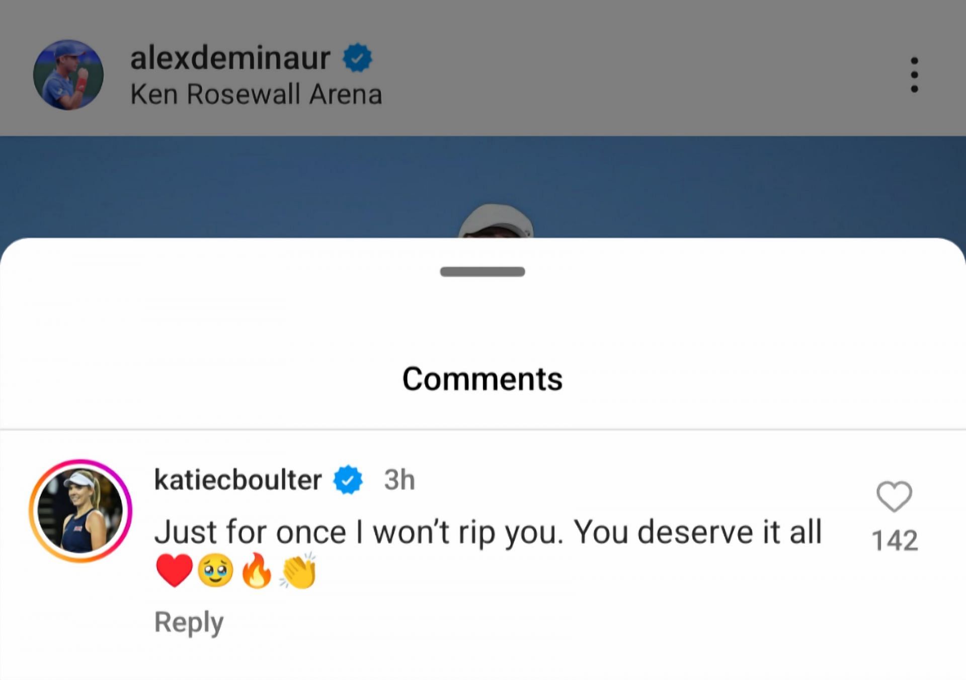Screengrab of Katie Boulter&#039;s comment under Alex de Minaur&#039;s post
