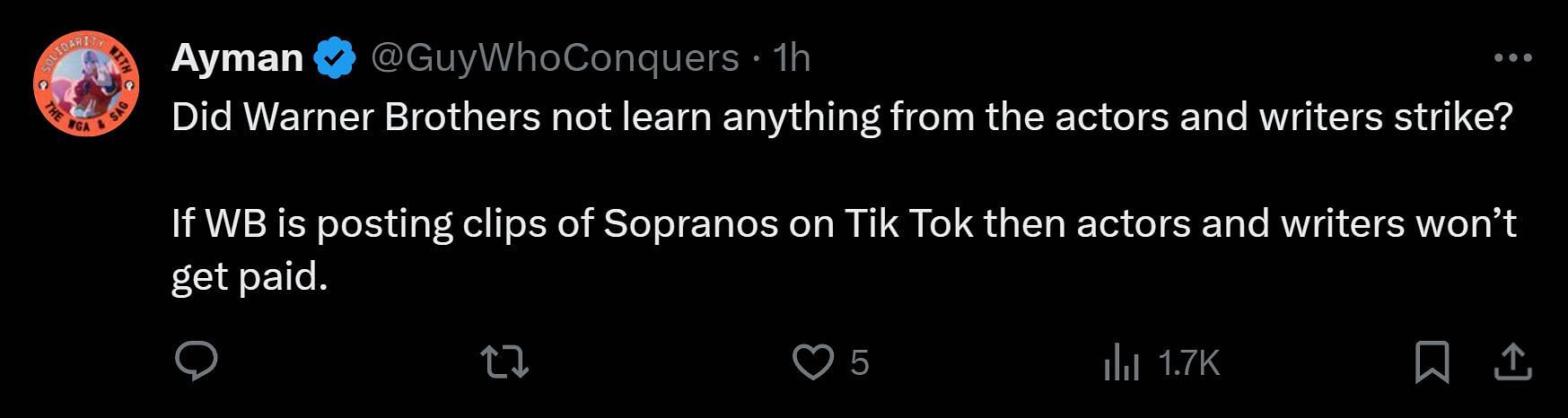 A tweet reply to DF&#039;s post about Sopranos (Image via X)