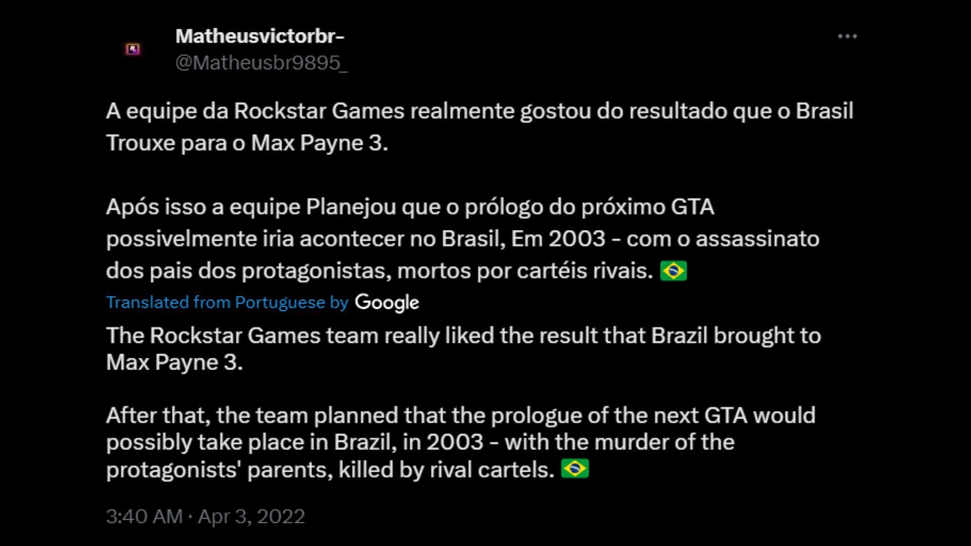 Matheusvictorbr-&rsquo;s statement about Grand Theft Auto 6 locations. (Image via X/@Matheusbr9895_)