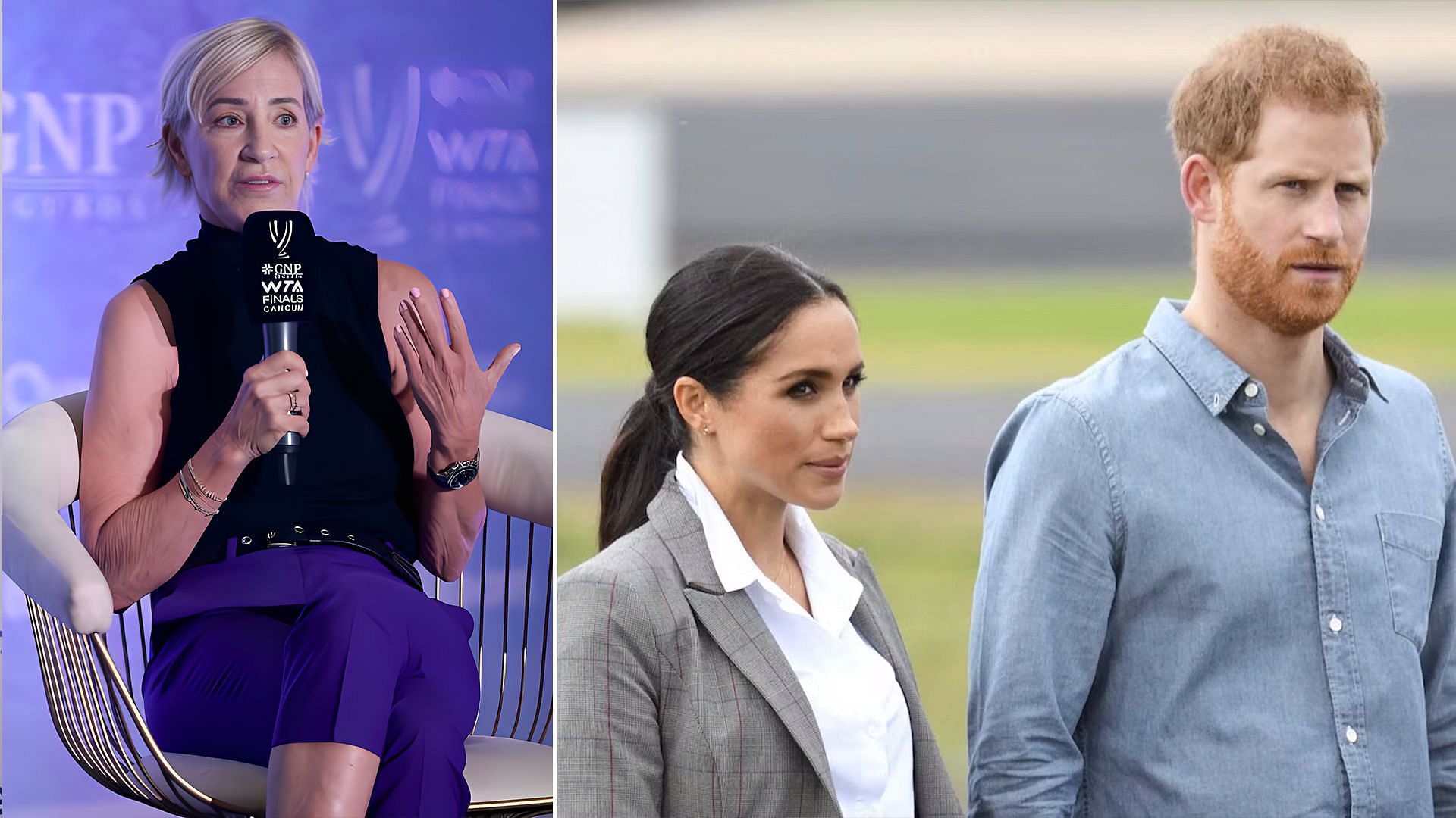 Chris Evert (L) and Prince Harry with Meghan Markle (R)