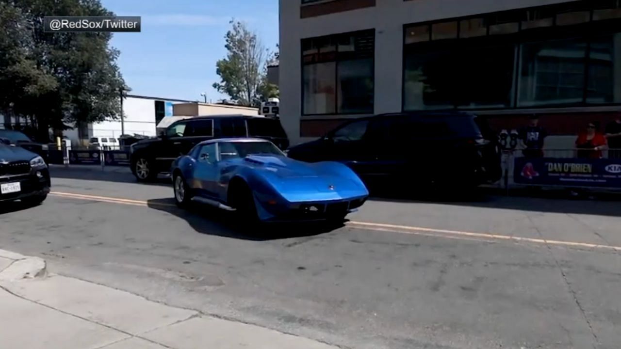 Mookie Betts driving his impressive Corvette to the stadium