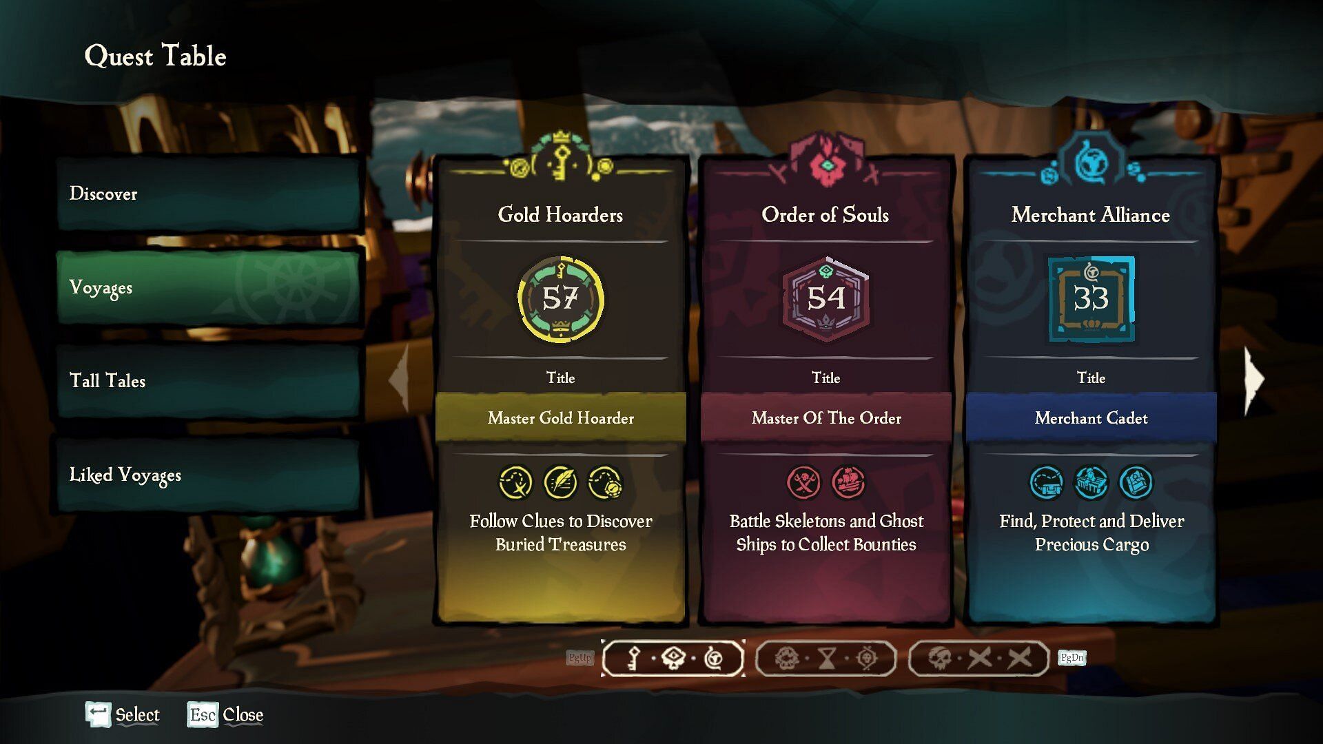 Voyages tab lets players undertake quests under various Trading Companies. (Image via Rare)