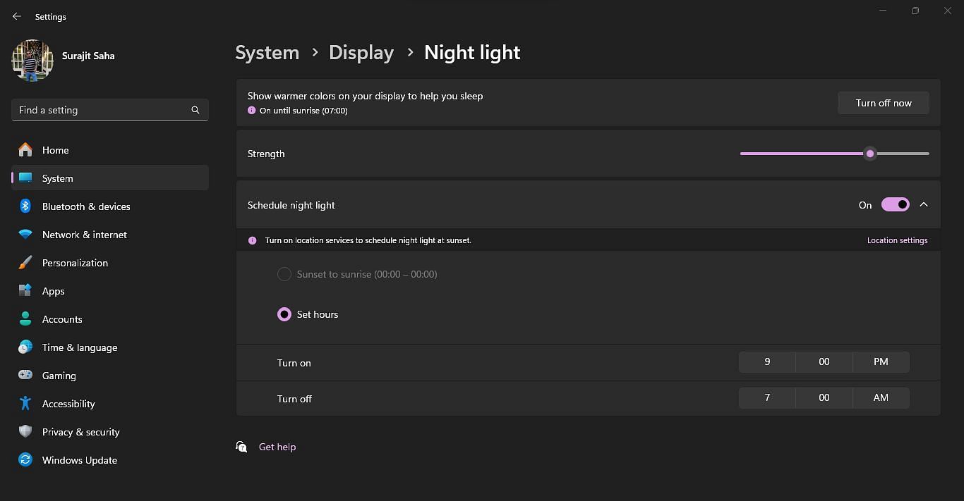 Windows Night Light feature (Image via Sportskeeda)