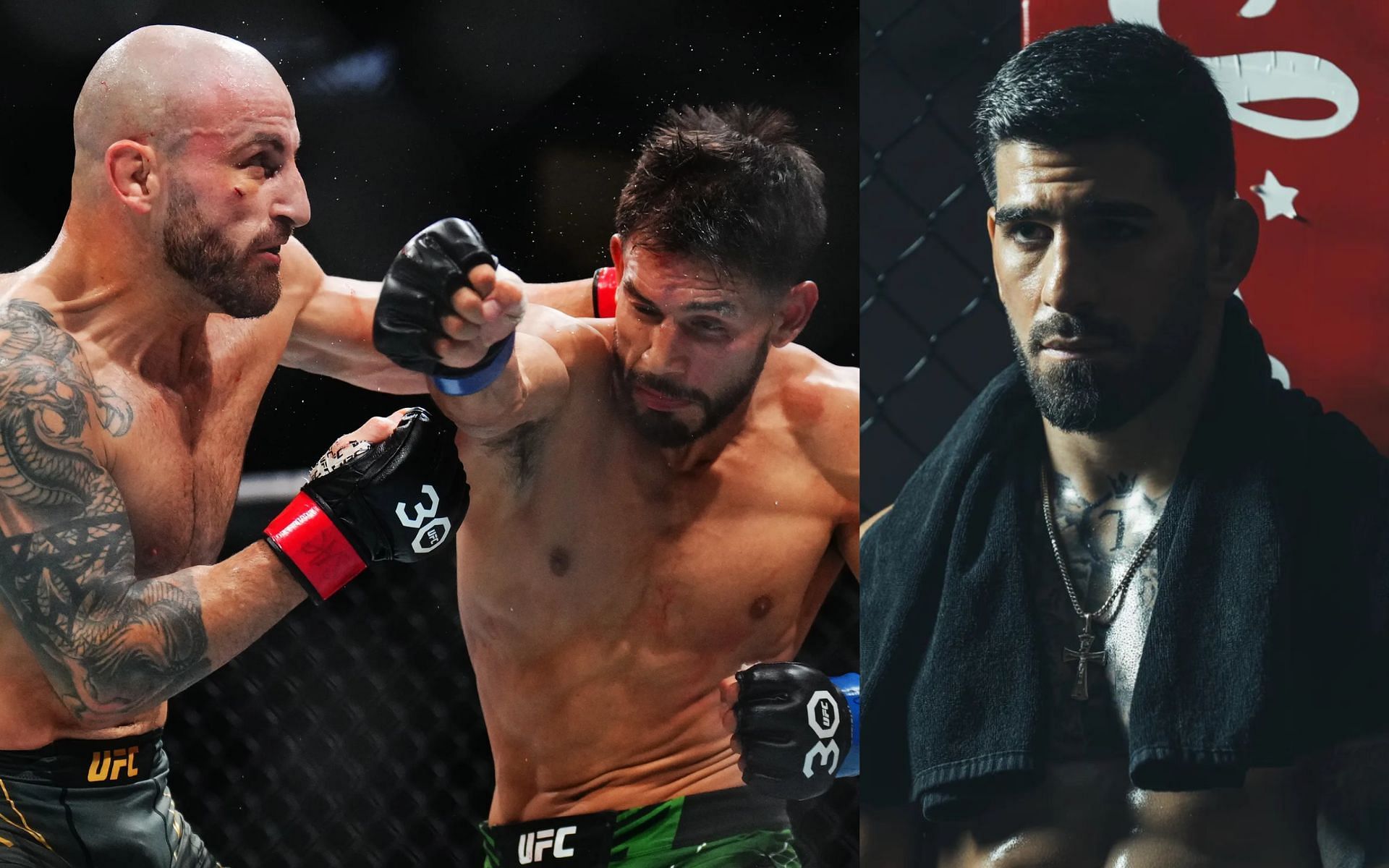 Alexander Volkanovski vs Yair Rodriguez (left) and Ilia Topuria (right). (via Getty Images and Instagram @iliatopuria)