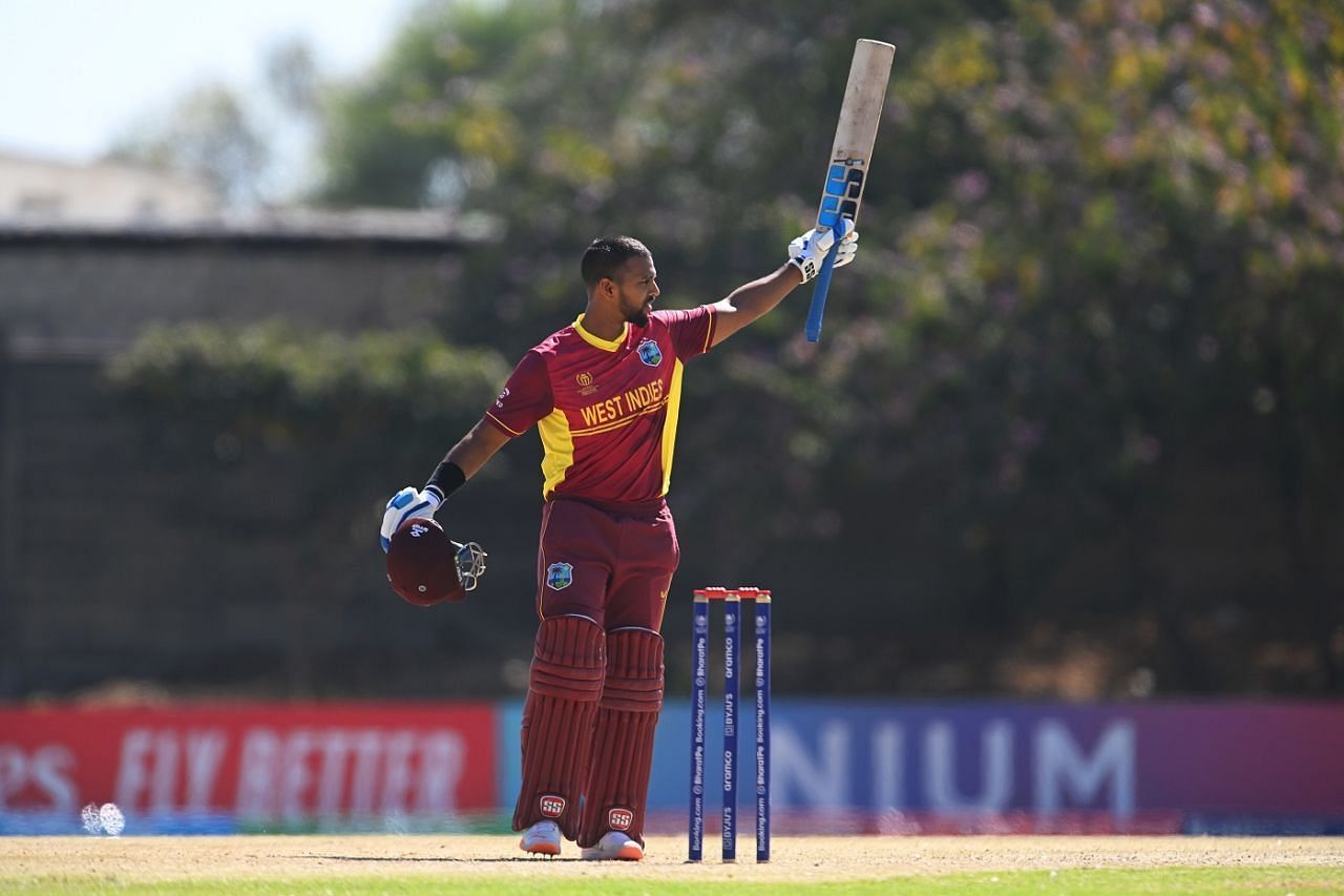 Nicholas Pooran celebrates his century during the 2023 ODI World Cup (PC: ICC)