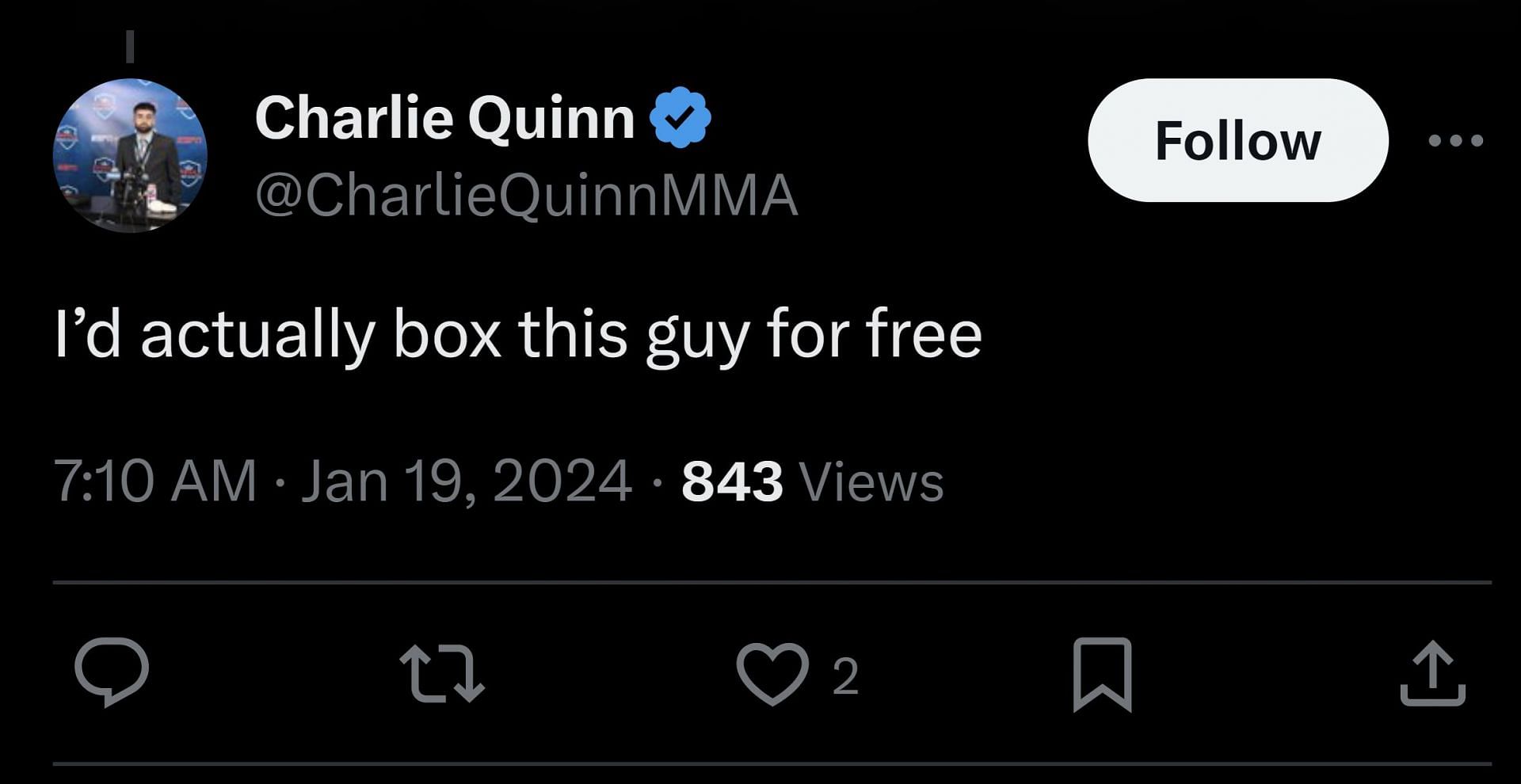 X user @CharlieQuinnMMA&#039;s comment (Image via Happy Punch/X)