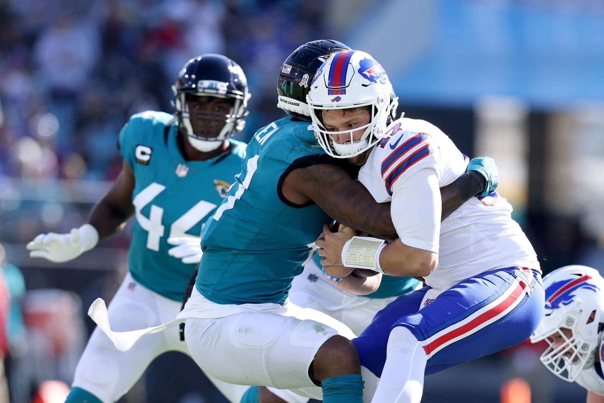 Jacksonville's Josh Allen sacks Buffalo's Josh Allen during Buffalo Bills vs. Jacksonville Jaguars